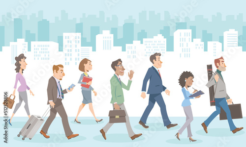 Business people walking on cityscape. Diverse office workers walking with smile on business district. Vector illustration in flat cartoon style.