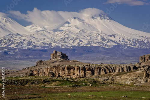 Iglesia del Analipsis y volcan Hasan Dagi 3268 mts.Güzelyurt.Capadocia.Anatolia central.Turquia. Asia. photo