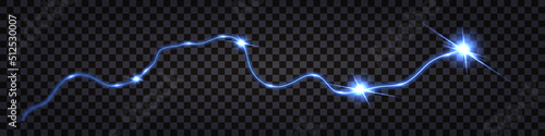 Blue electric swirl wave;Lightning thunder bolt; impulse discharge with shock light effect; wire cable isolated. Shiny blue trail; cyber technology design element. Vector illustration