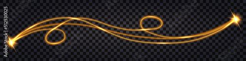 Electric swirl wave,  glowing light effect and thunder bolt.golden yellow laser beam.  Impulse discharge shock, isolated cable, cyber technology. Vector illustration