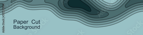 Paper cut topography 3d  background. Multi layers origami relief map. teal river water, papercut web banner; smooth topo lines. Banner trendy design. Vector illustration