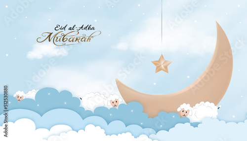 Eid Mubarak celebration of Muslim community festival Eid Al Adha Greeting card with sacrificial a ram,white and black sheep,crescent on cloudy background.Vector illustration Muslim holiday Eid Ul Adha