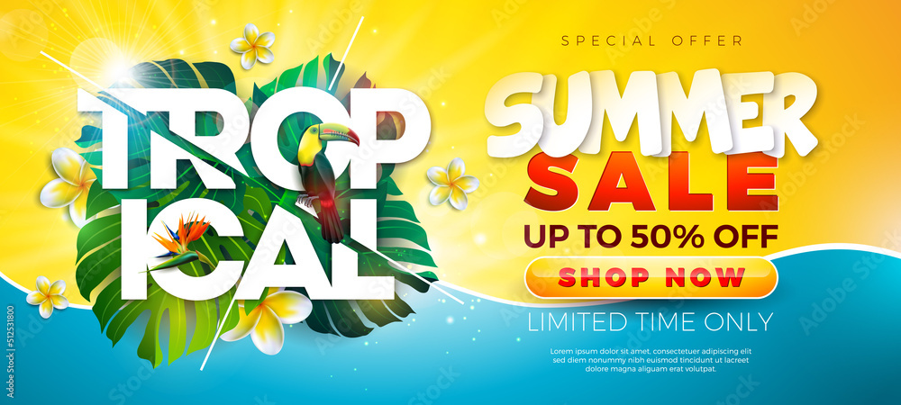 Summer Sale Design with with Palm Leaves and Toucan Bird on Sun Yellow Background. Tropical Business Vector Illustration with Special Offer Typography for Coupon, Voucher, Banner, Flyer, Promotional