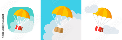 Parachute delivery gift box flying vector or fast international package parcel shipping by air mail postal flat, concept of online export service, humanitarian assist aid pack airdrop, shop courier