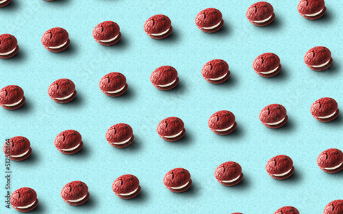 pattern with red cakes, many cakes, cakes on a blue background, wupi pie