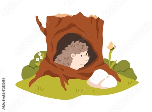 Hedgehog in hollow shelter in tree trunk. Forest animal peeking out of hole house in woods. Cute childish character inside cozy cave home. Flat vector illustration isolated on white background