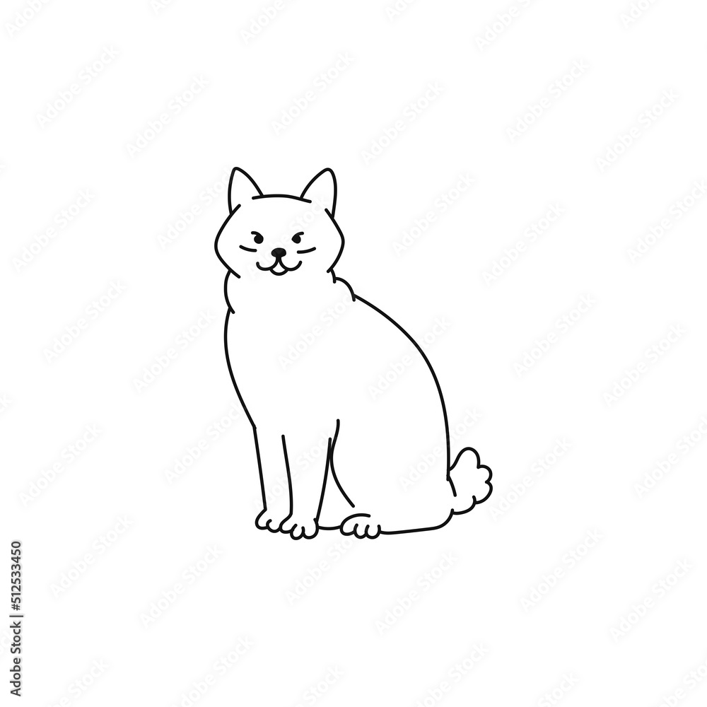 cat black white bobtail contour sketch doodle illustration.