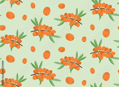 Seamless pattern with sea buckthorn. Texture with berries in cartoon style.