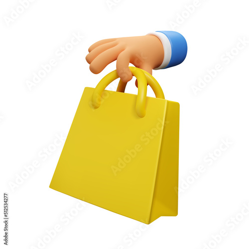 3d hand holding shopping bag icon. Delivery concept, vector render illustration isolated on white background. Online shopping design element