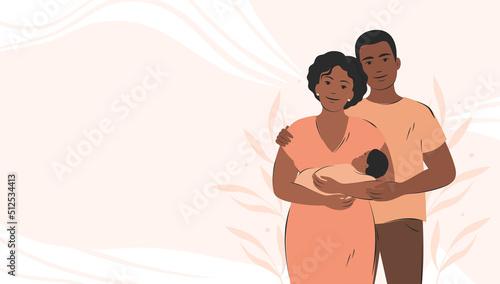 Dark skinned parents with child, woman holding baby in her arms. Banner about pregnancy and breastfeeding with place for text. Happy family with newborn. Vector illustration.