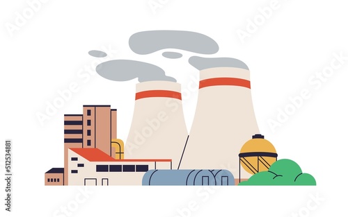 Nuclear power plant with towers, energy generators. Electric station building, powerhouse. Electricity generation industry. Flat vector illustration of abstract powerplant isolated on white background