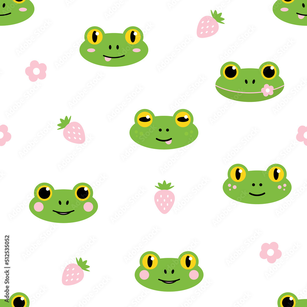 Obraz premium Cute cartoon style green frogs with flowers and strawberries vector seamless pattern background.