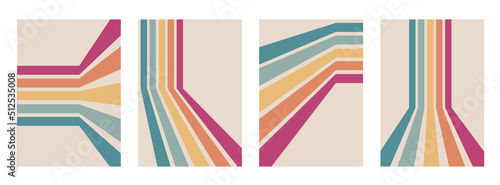 Abstract rainbow colours retro groovy lines bold 4 backgrounds bundle set collection. pink orange yellow blue stripes.