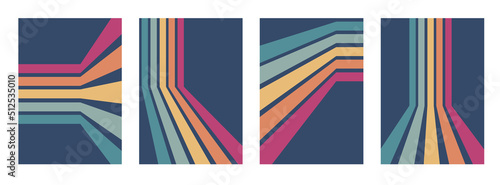 Abstract rainbow colours retro groovy lines bold 4 backgrounds bundle set collection. pink orange yellow blue stripes.