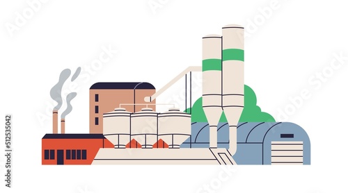 Industrial plant building. Abstract heavy industry factory construction. Petroleum station structure with containers, towers with smoke, pipes. Flat vector illustration isolated on white background