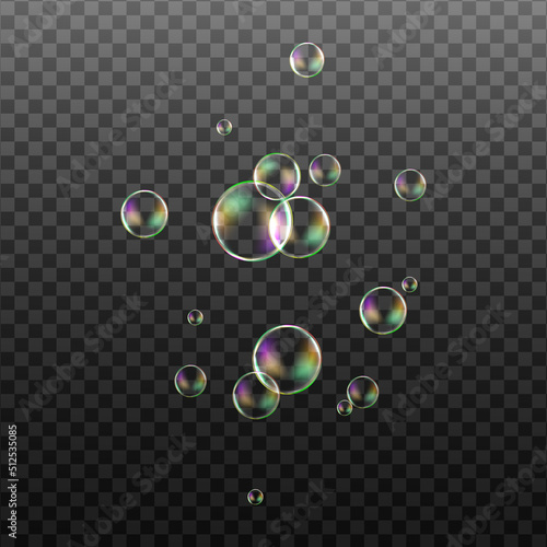 Set of transparent soap bubbles on checkered background.Reaistic colored balls.Vector texture.