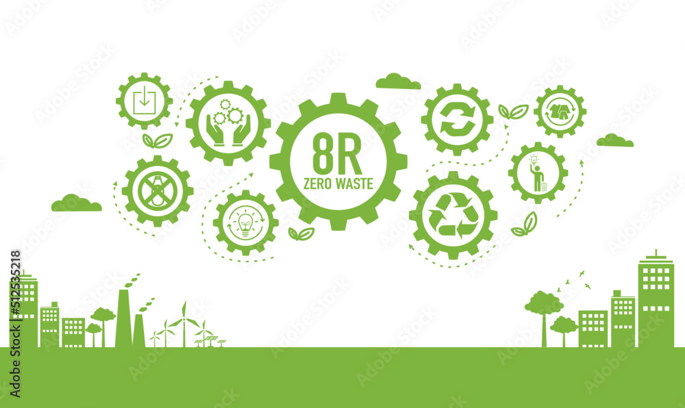 Zero waste and reuse, recycle, repair, reduce, rethink, recover, regift, refuse symbols vector illustration set with simple flat green signs for eco friendly materials and environmental concept. Zero waste and reuse, recycle, repair, reduce, rethink, recover, regift, refuse symbols vector illustration set with simple flat green signs for eco friendly materials and environmental concept.
