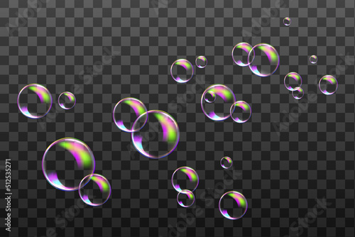 Set of transparent soap bubbles on checkered background.Reaistic colored balls.Vector texture. photo