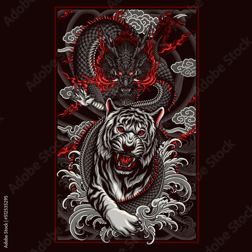 tiger fighting with dragon vector illustration