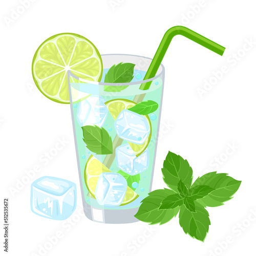 Mojito in a glass with tube for drinking. Alcohol or non-alcoholic cocktail. Classic cocktail with lime, mint and ice. Vector illustration on white background. Summer party drink.