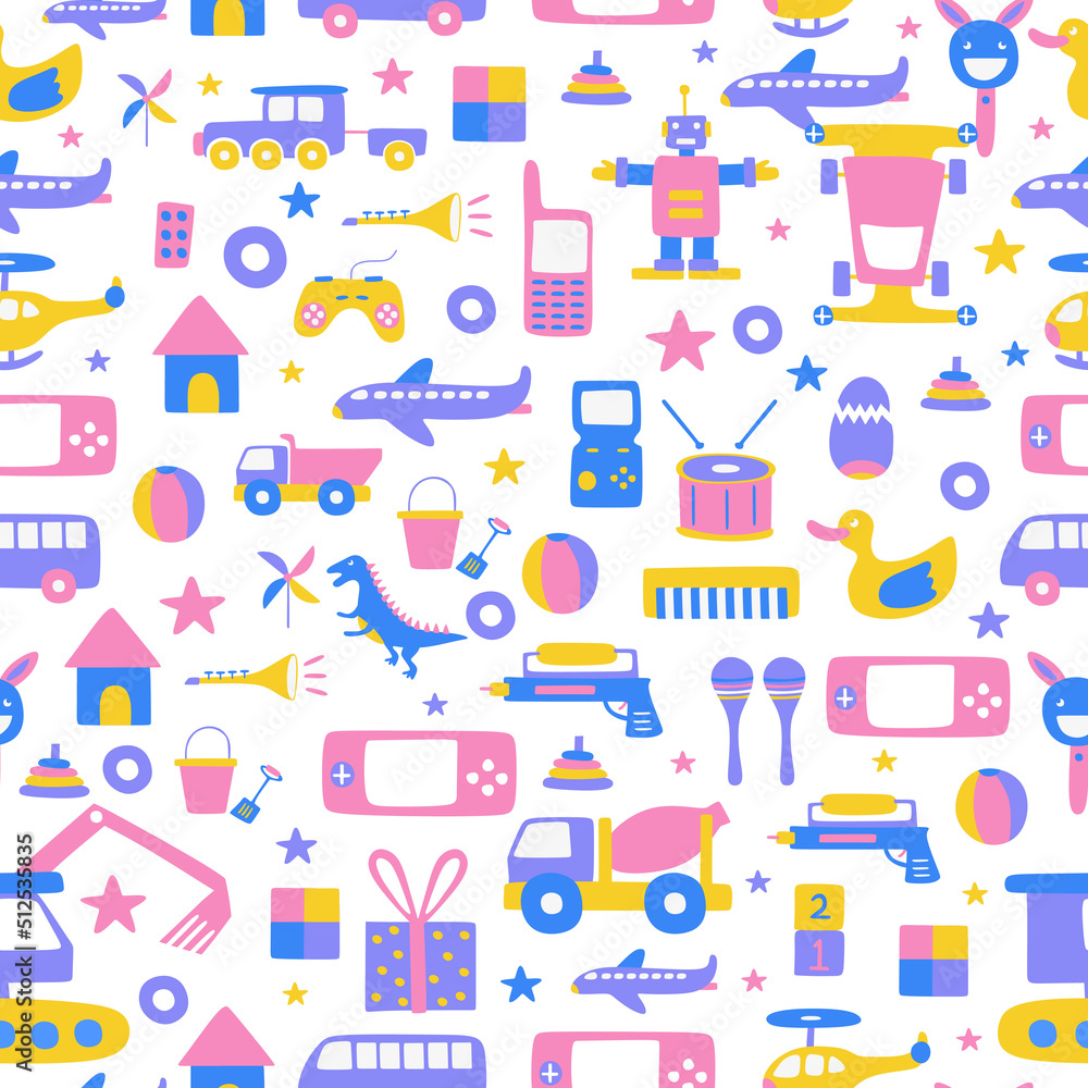 Hand drawn of seamless pattern baby toy with game console, duck, truck, stick, phone, robot, piano, trumpet, drum, dinosaur, backhoe, airplane, home, gift Hand drawn of seamless pattern baby toy with game console, duck, truck, stick, phone, robot, piano, trumpet, drum, dinosaur, backhoe, airplane, home, gift