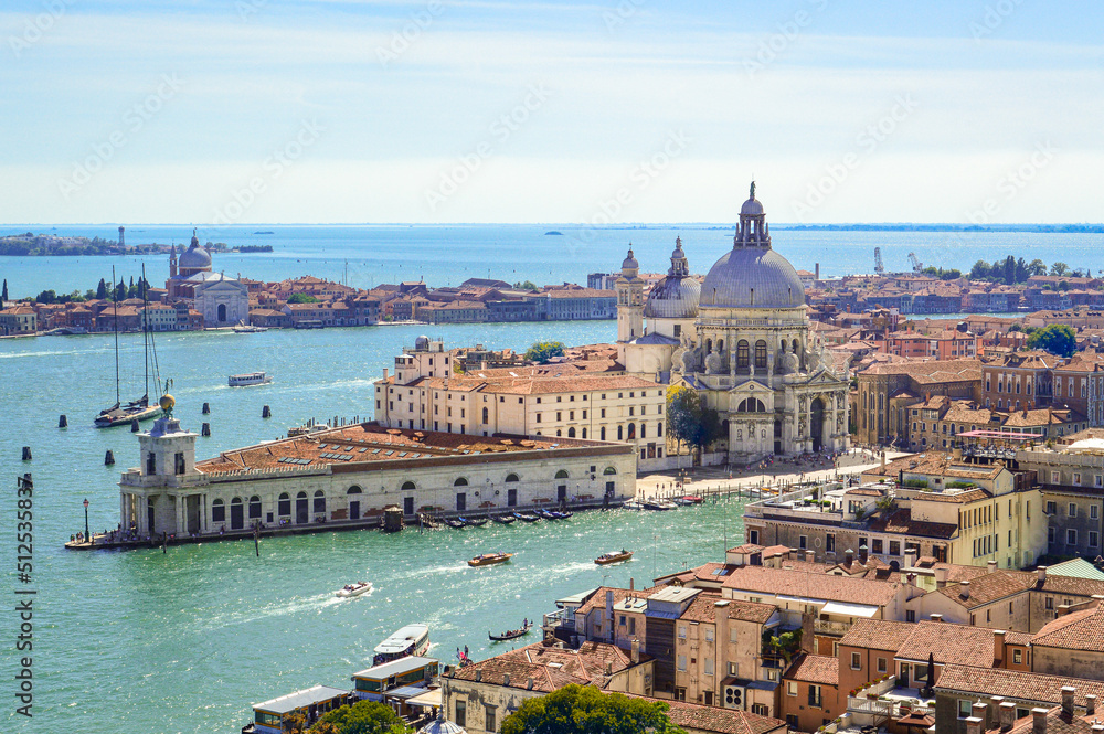 A view of the Grand Canal and Salute Church from above.  Venice, Italy.