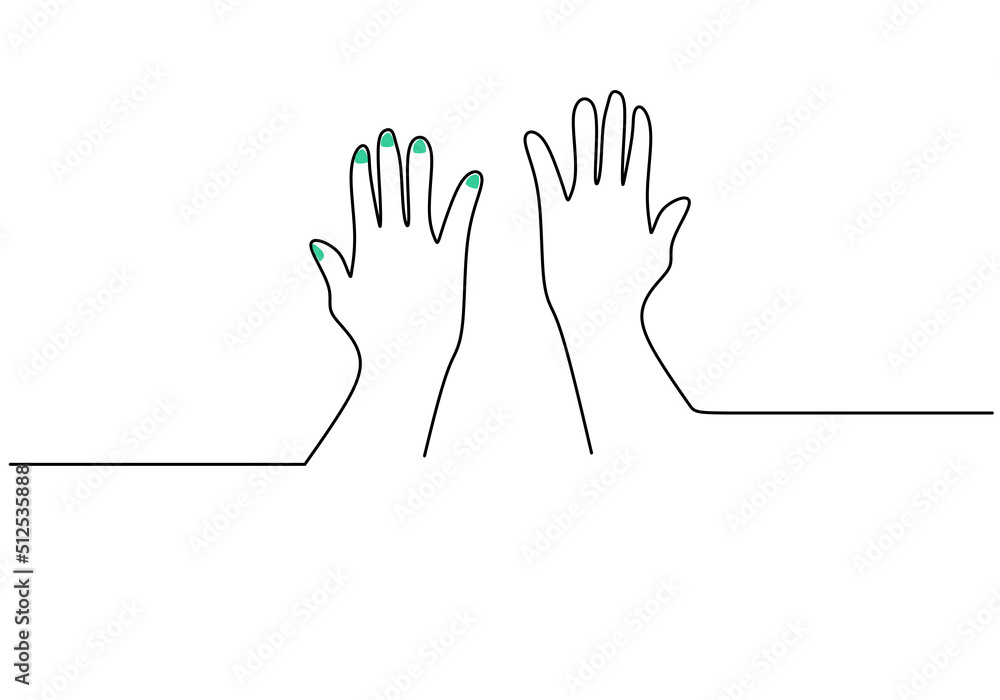 One continuous single line of hand drawn with two hands high fives for friendship day isolated on white background.