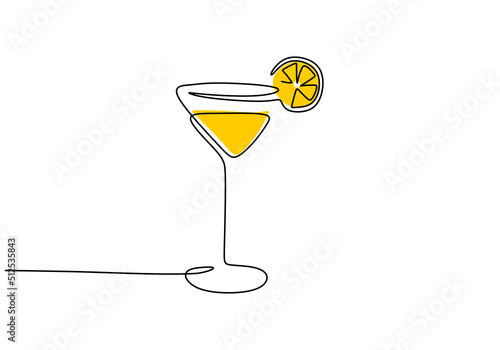 One continuous single line of hand drawn with Wineglass cocktail and yellow lemon isolated on white background.