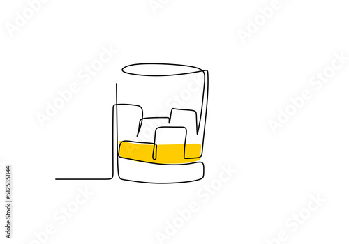 One continuous single line of hand drawn Whiskey glass with ice cubes in it isolated on white background.
