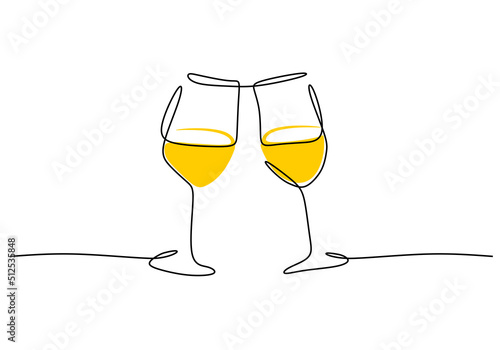 One continuous single line of hand drawn with Two glasses of wine cheering isolated on white background.