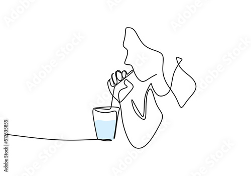 One continuous single line of hand drawn with long hair girl drinking ice with glass and straw isolated on white background.