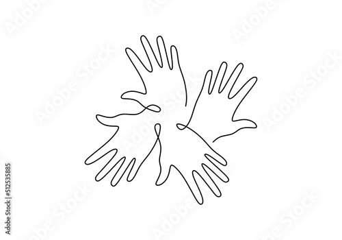 One continuous single line of hand drawn with five open hands for friendship day isolated on white background.