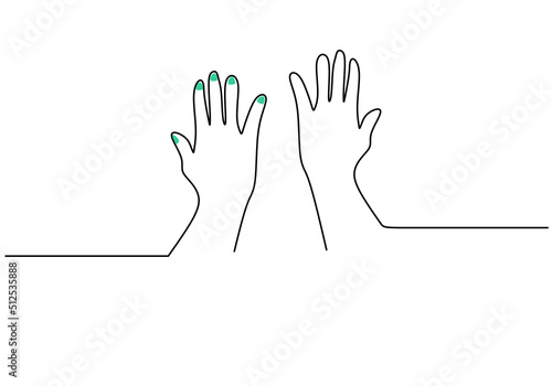 One continuous single line of hand drawn with two hands high fives for friendship day isolated on white background.
