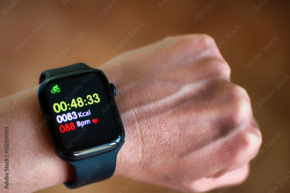 Close-up of a watch displaying calories and beats per minute. Anonymous man wearing a digital smart watch during training.
Close-up of a man's hands checking an app on his smart watch. Close-up of a watch displaying calories and beats per minute. Anonymous man wearing a digital smart watch during training.
Close-up of a man's hands checking an app on his smart watch.