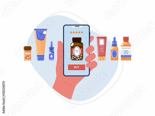 Buying medications with mobile app.Hand holds phone with online pharmacy store