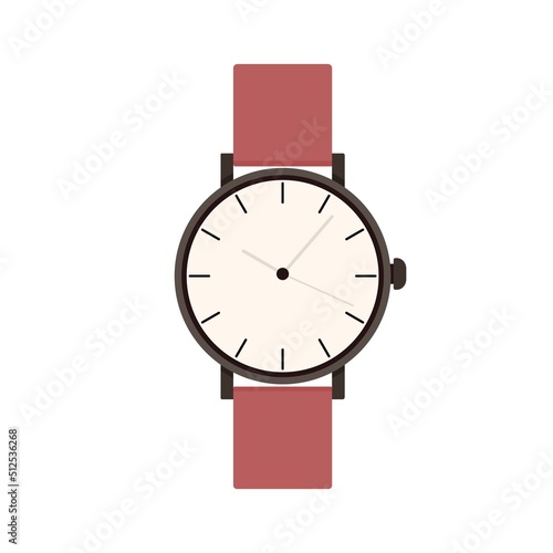 Hand watch design with leather bracelet and round quartz dial. Analog wristwatch with arrows, chronograph. Wrist clocks, watches with strap. Flat vector illustration isolated on white background