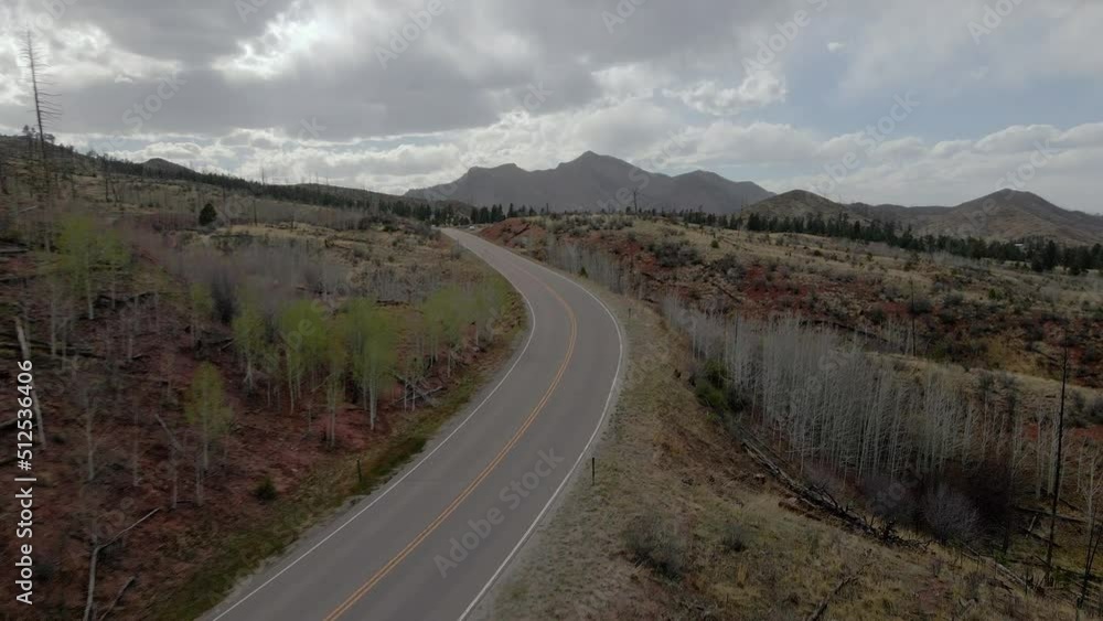 Aerial view panning across a remote mountain highway in the Pike National Forest, Rocky Mountains, Colorado. Aerial view panning across a remote mountain highway in the Pike National Forest, Rocky Mountains, Colorado.