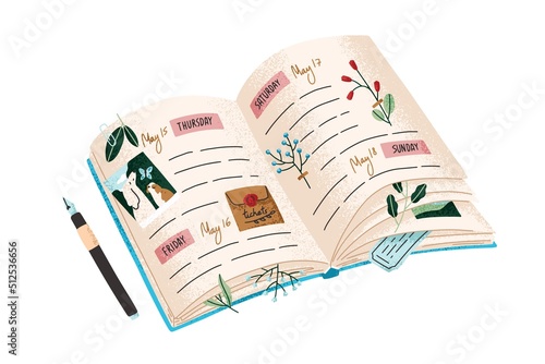 Open diary, notebook with notes, pictures, flowers on pages. Cute paper planner, organizer with leaf, twigs, pen. Notepad for daily, weekly plans. Flat vector illustration isolated on white background