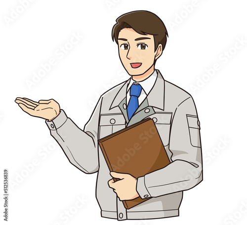 案内する作業着男性