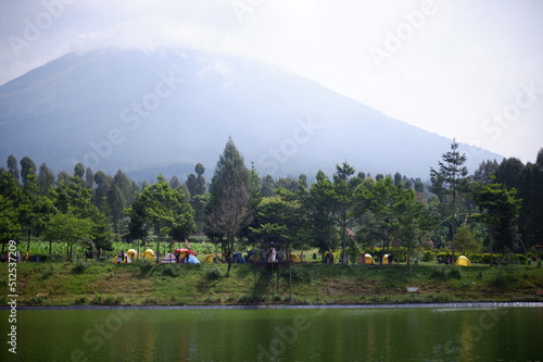 lake in mountains, lake and mountains, or embung kledung lake arteficial or danau buatan in Temanggung, Indonesia