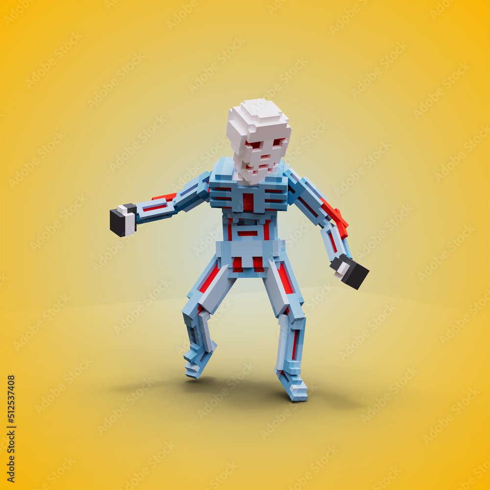 Fototapeta premium 3D rendering of a skull using a red, blue, and white color scheme. With a brown background. Perfect for game character reference. Simple 3D modeling.