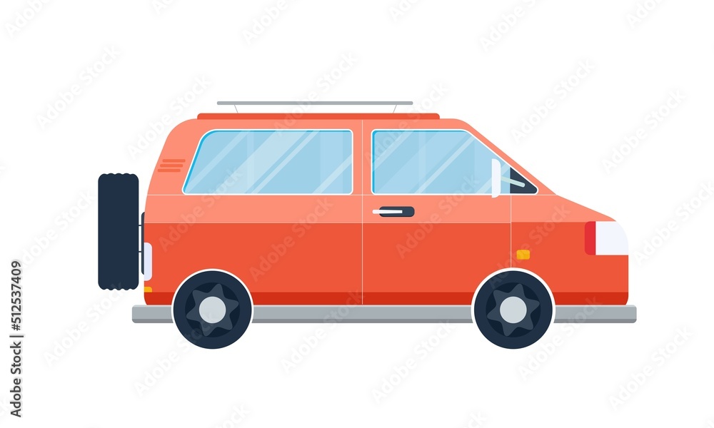 Family vehicle with spare wheel backward. Flat vector illustration of a red car isolated on white background