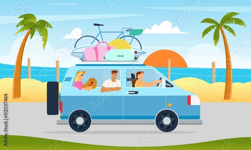 People, friends or family with a dog going on road trip in car with luggage on the roof, summer vacations concept. Flat vector illustration on tropical background