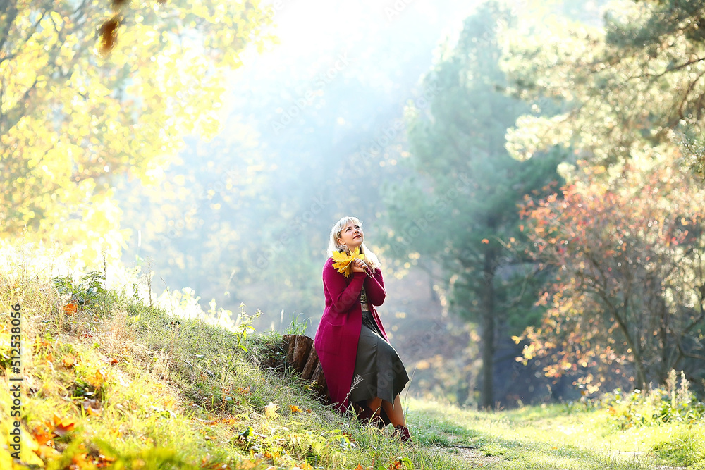 A young Caucasian woman in a burgundy cardigan with a bouquet of yellow maple trees in the autumn forest sitting on a stump. Autumn. Camping concept