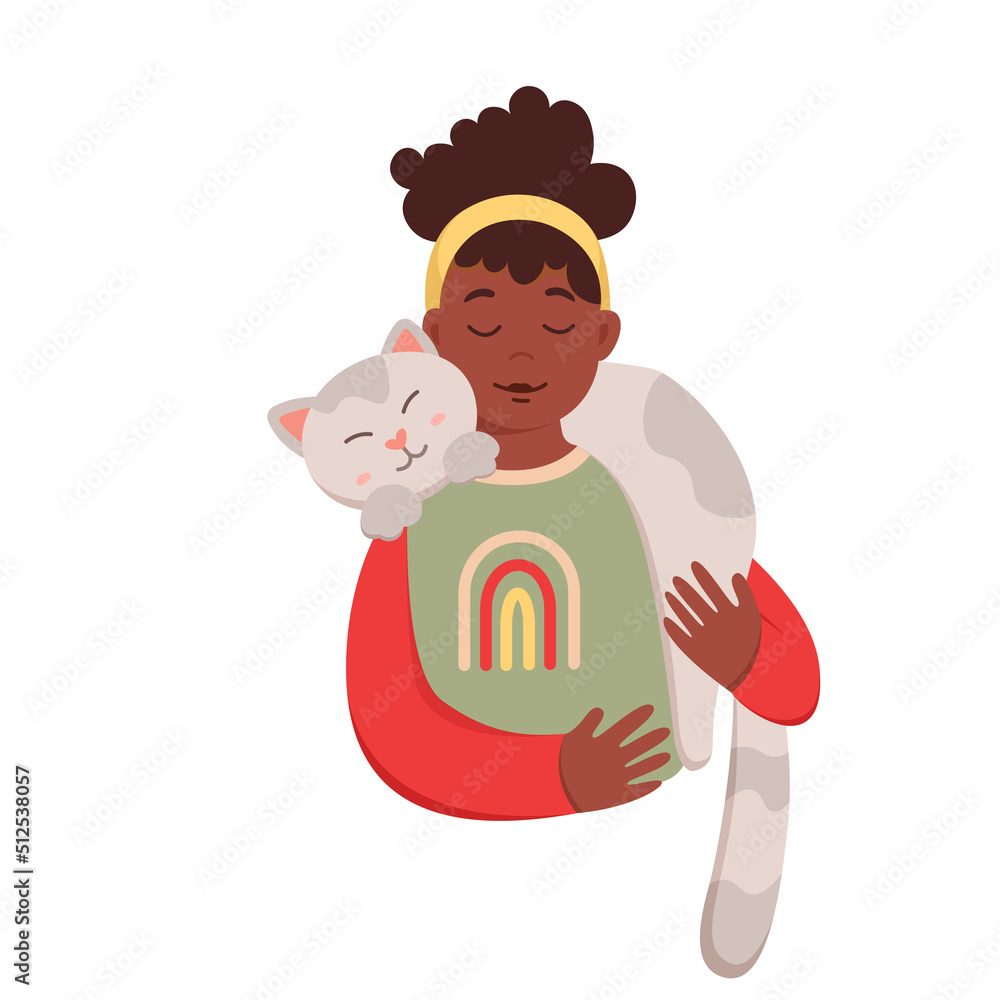 Girl holding cat on shoulder and neck vector illustration. Cartoon isolated young female pet owner smiling and hugging animal, kid and kitty cuddle, happy two friends standing and playing together Girl holding cat on shoulder and neck vector illustration. Cartoon isolated young female pet owner smiling and hugging animal, kid and kitty cuddle, happy two friends standing and playing together