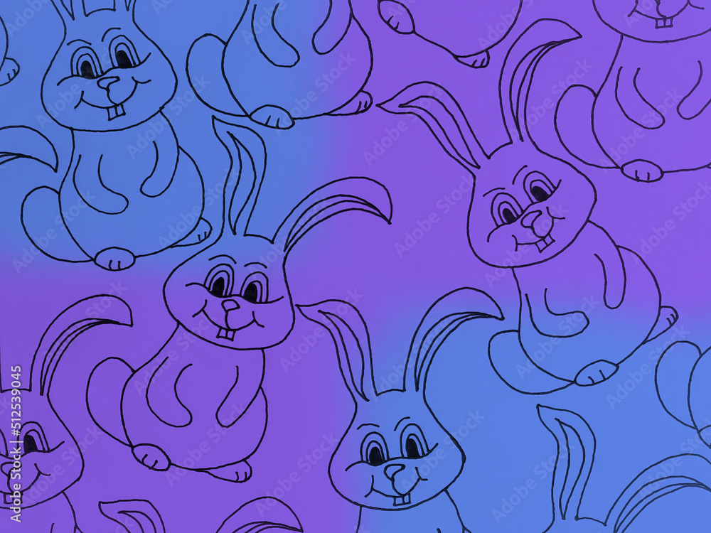 Fototapeta premium Background with rabbits. Symbol of 2023 year drawn black marker on colorful paper. Animal of chinese luna calendar.