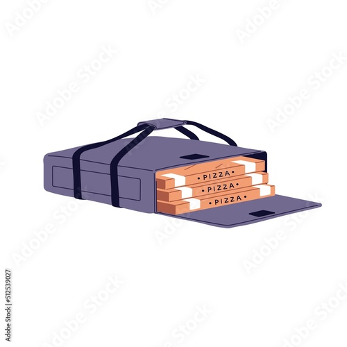 Pizza boxes stack, carton packages in special couriers bag. Pack for takeaway delivery food, craft paper containers. Flat vector illustration isolated on white background