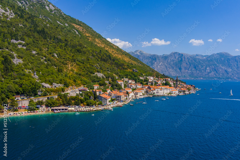 Perast. An ancient town in Montenegro on the shores of the Bay of Kotor of the Adriatic Sea. Drone. Aerial view