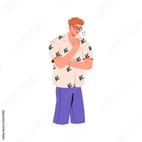 Sick man coughing, feeling unwell. ill person suffering from sore throat and flu. Symptom of respiratory disease, tuberculosis, influenza. Flat vector illustration isolated on white background