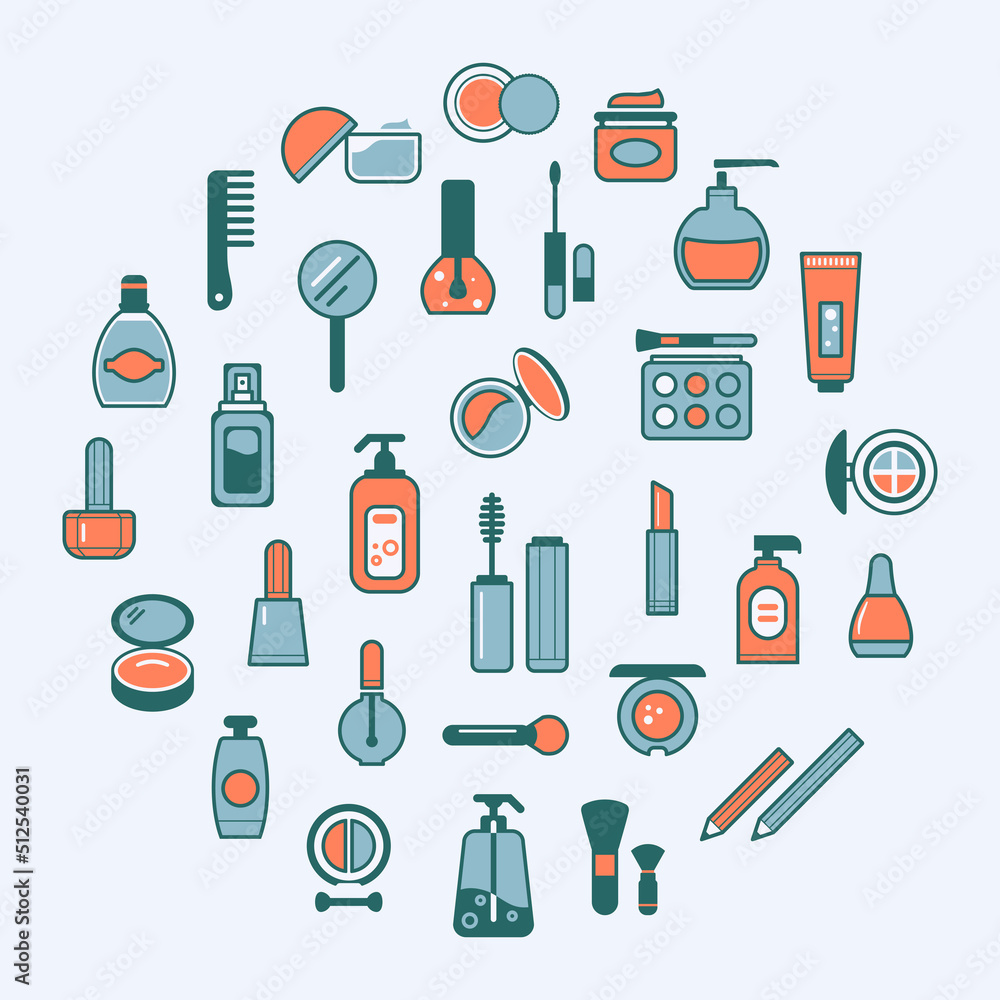 Vector set of flat icons of cosmetics, beauty products and makeup Vector set of flat icons of cosmetics, beauty products and makeup